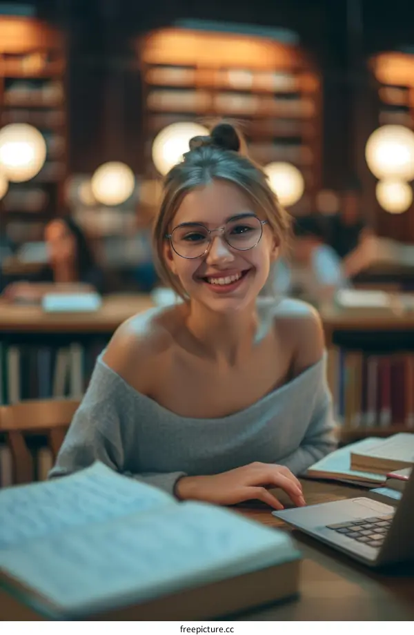 portrait of a beautiful young woman sitting in a library