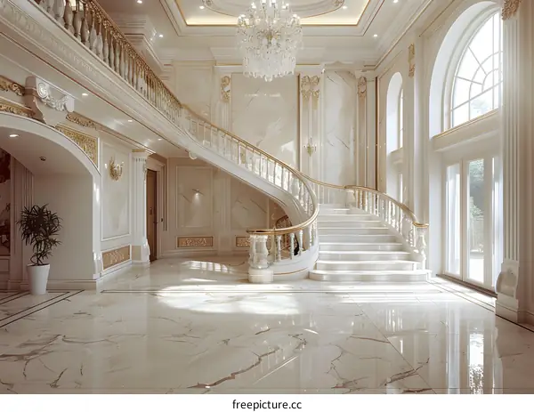 White Marble Staircase in a Luxurious Foyer