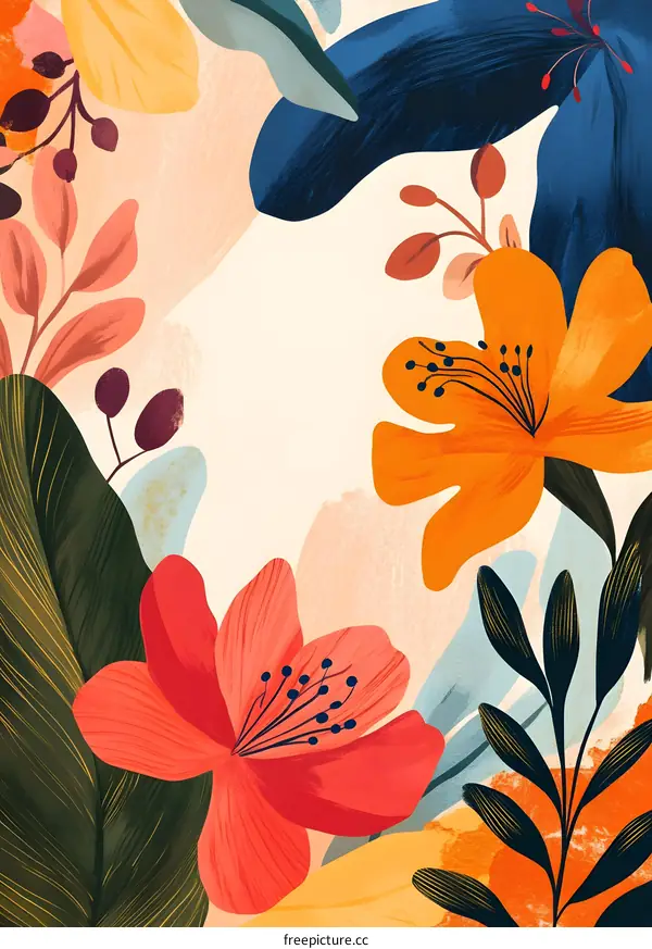 Abstract Floral Illustration with Orange and Red Flowers