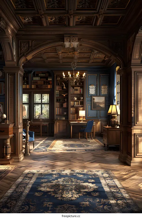 Luxurious wood paneled library with bookshelves, globe, leather chair and oriental rug