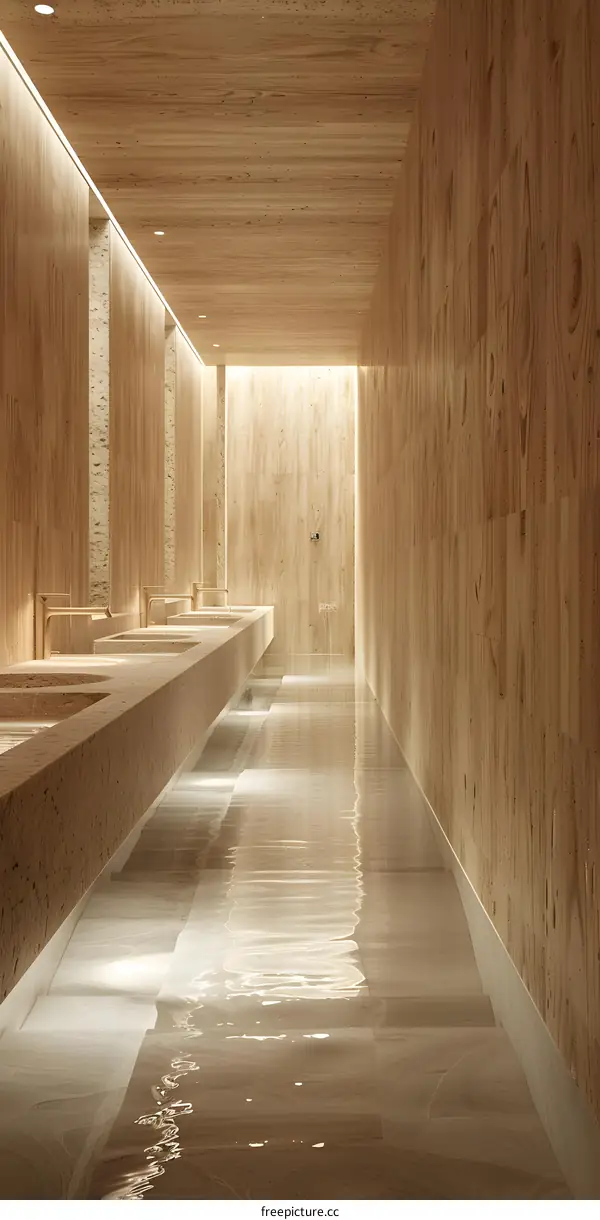 Minimalist bathroom with wooden walls and a shallow pool of water