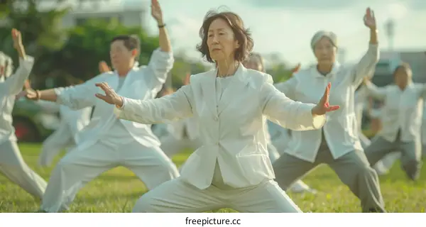 Elderly people doing tai chi in the park