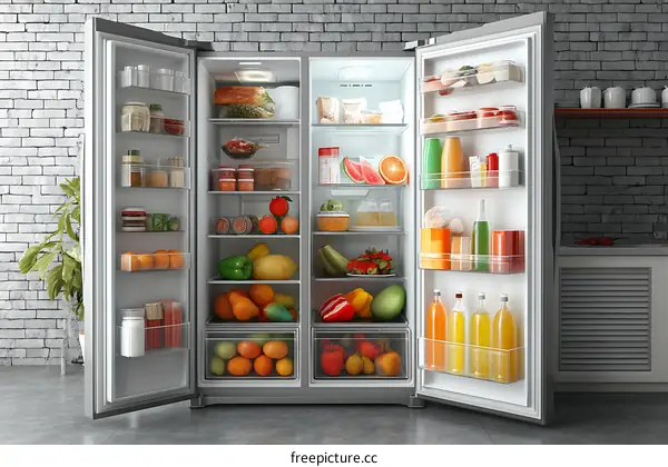 Full Open Refrigerator with Food and Drinks