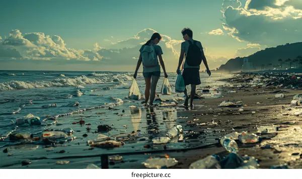 Two People Cleaning Up a Beach