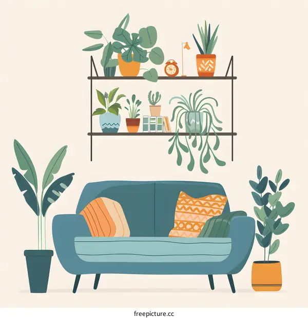 Living Room Decor With Plants and Sofa