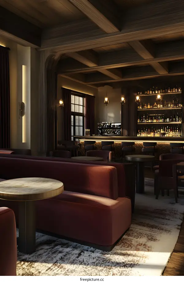 Modern Bar Interior Design with Wooden Ceiling and Red Velvet Seating