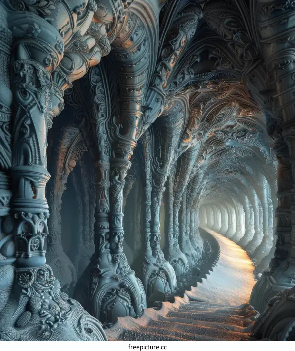 Futuristic Architecture with Organic Columns and Luminescent Path