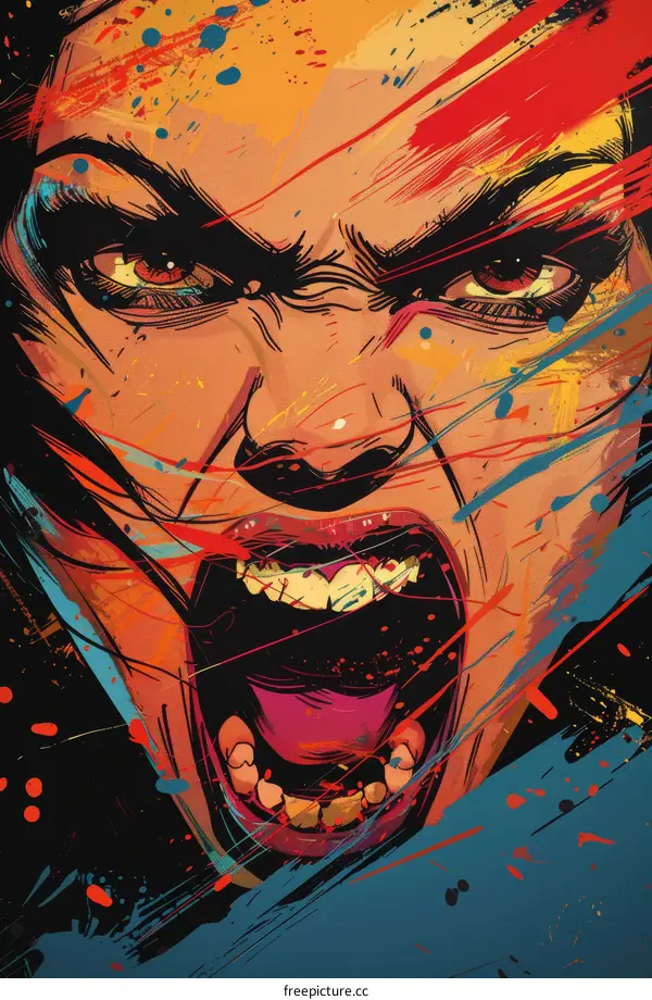 Close-up of a womans face with a screaming expression, surrounded by colorful paint splatters