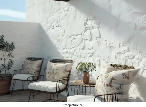 White Wall With Patio Chairs And Plants