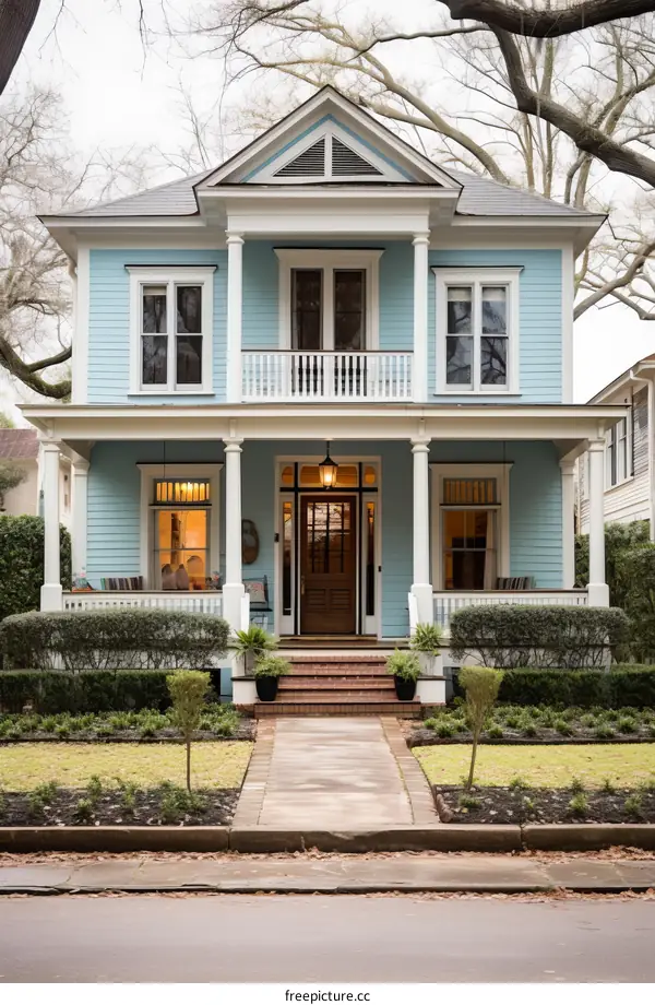 Charming blue house with inviting front porch