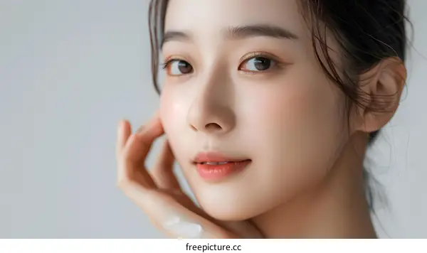 Closeup Portrait of an Asian Woman Applying Facial Cream