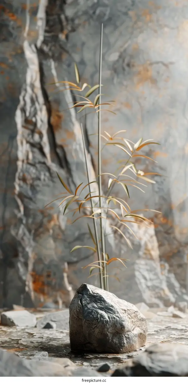 Abstract Stone Scene with Bamboo Plant