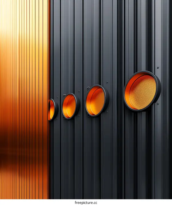 Abstract Geometric Design with Black and Orange Panels and Round Openings