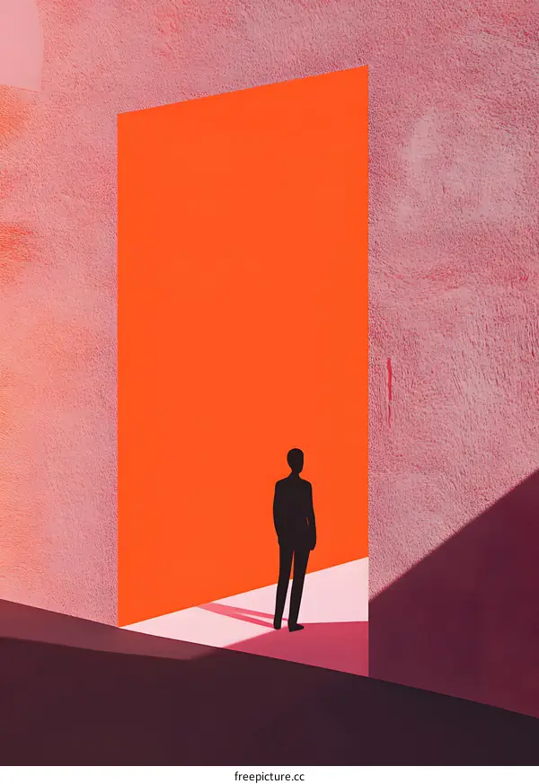 Silhouette of a Man Standing in Front of a Large Orange Door