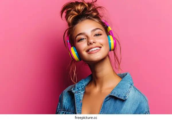 Smiling Caucasian Woman with Colorful Headphones
