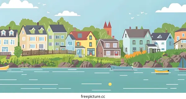 Colorful Houses by the River in Summer