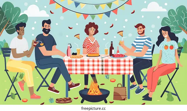 Friends Enjoying a Summer Picnic with Food and Drinks
