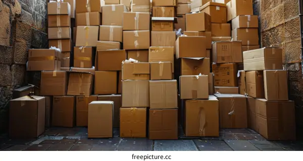 Cardboard Boxes Stacked in a Hallway