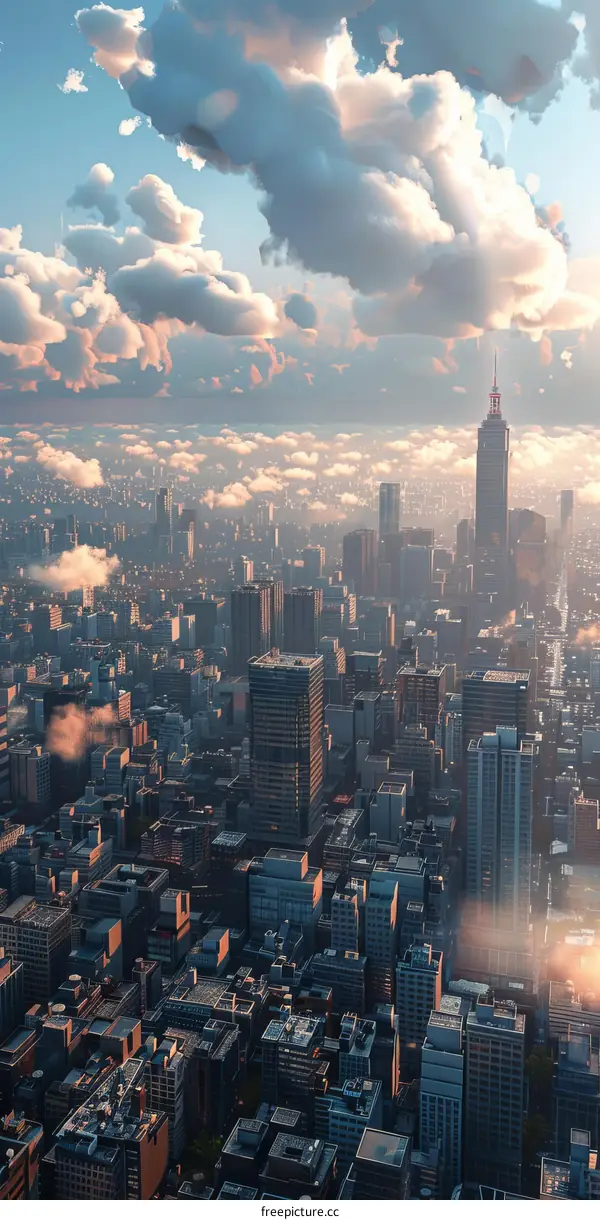 Metropolis with Towering Skyscrapers and Billowing Clouds