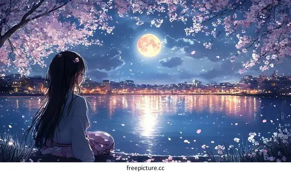 Anime Girl Under the Cherry Blossom Moonlit Night