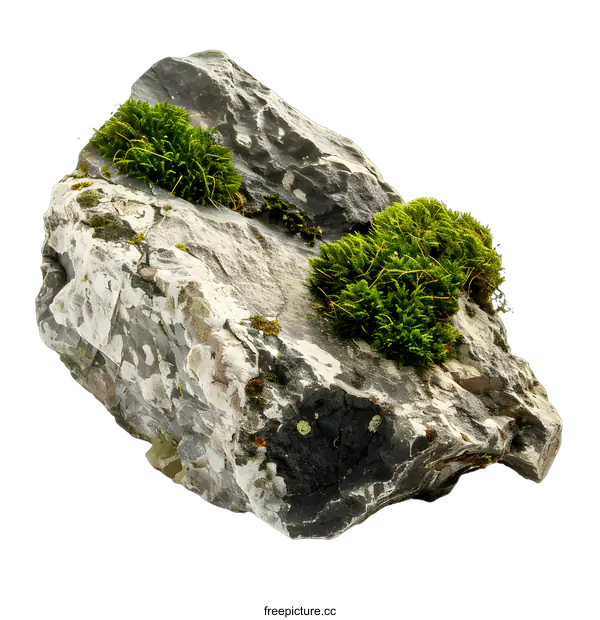 [Transparent Background PNG]Gray Rock with Green Moss Isolated on White Background