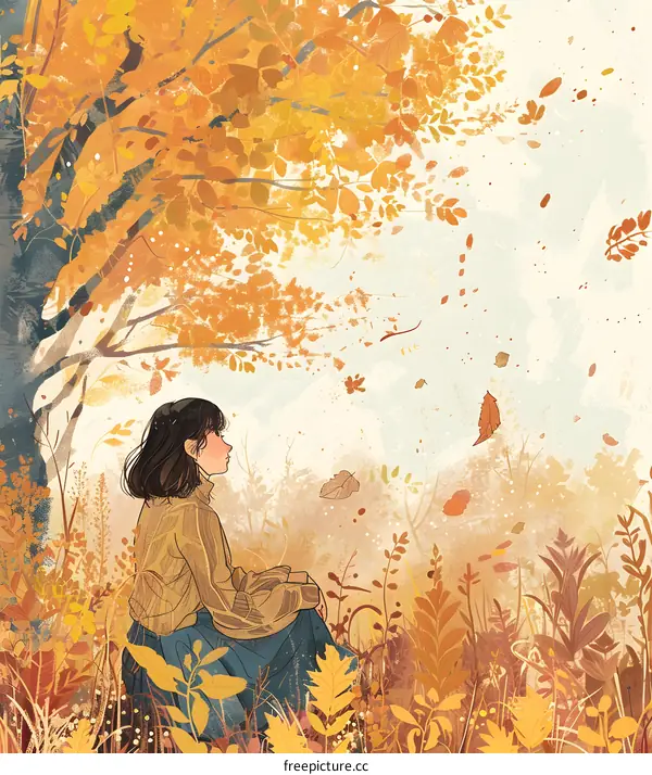 Girl Sitting Under Autumn Tree