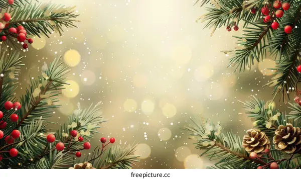 Christmas background with fir branches and red berries