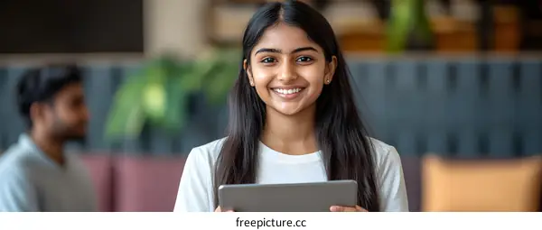 Smiling Young Indian Woman Holding Tablet in Office Setting