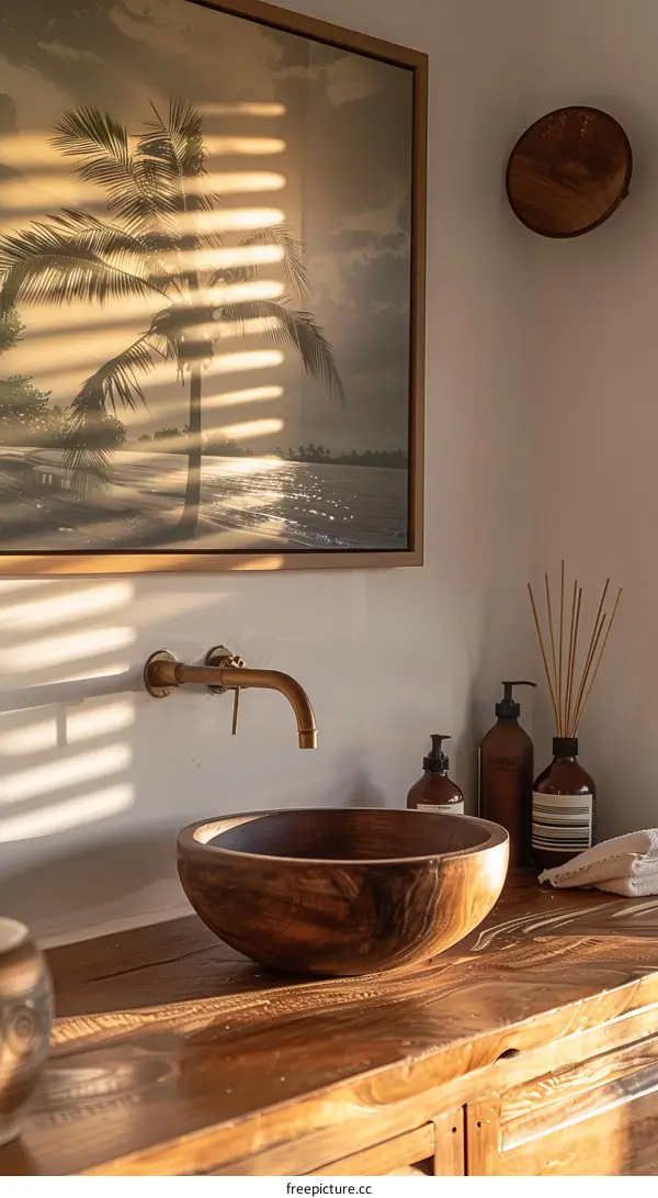 Wooden sink and golden faucet with sunlight and shadows on the wall