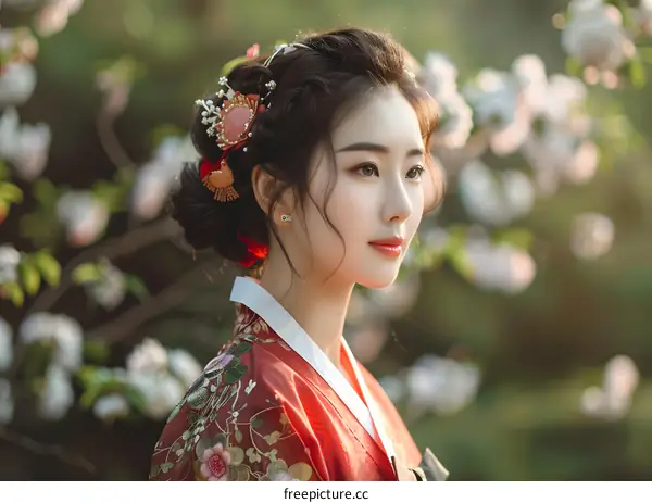 Portrait of a beautiful young woman in traditional Korean dress, or Hanbok