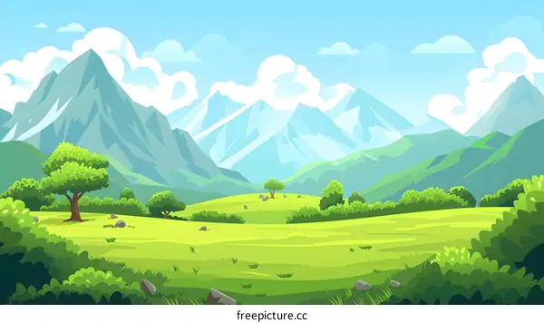 Mountain Landscape With Green Field And Trees