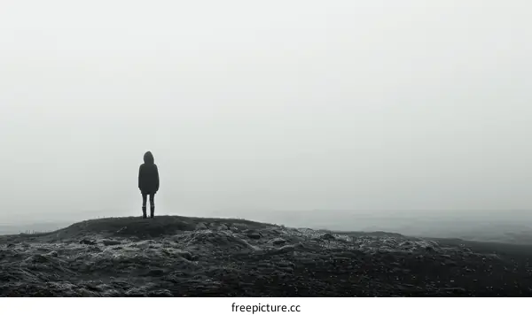 Person standing alone on a hilltop overlooking a foggy landscape
