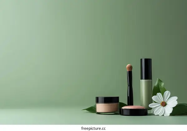Close-Up of Makeup Products on Green Background