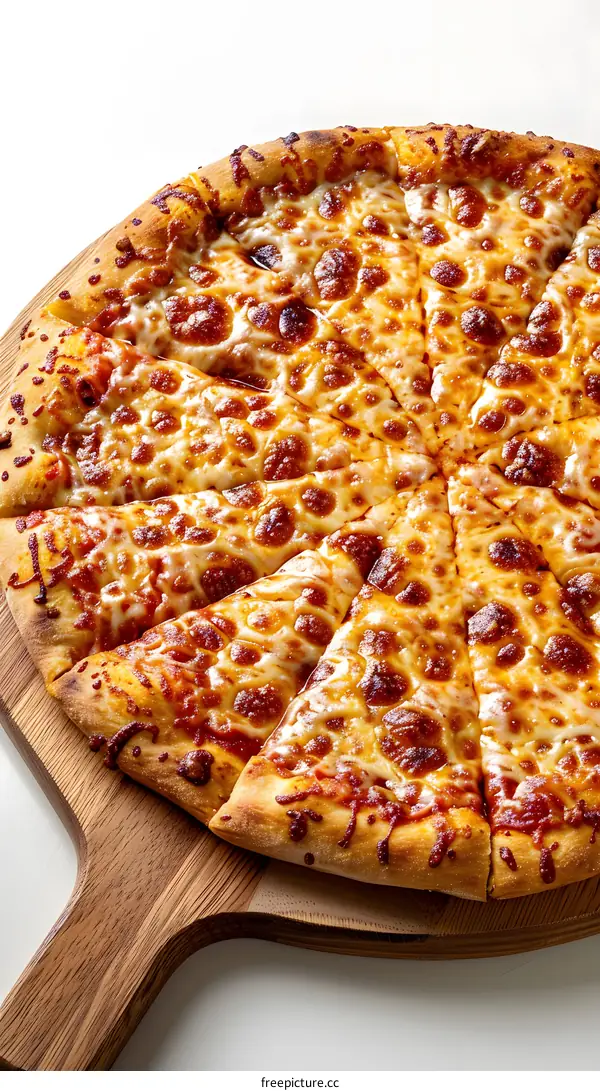 A delicious pizza sits on a wooden cutting board