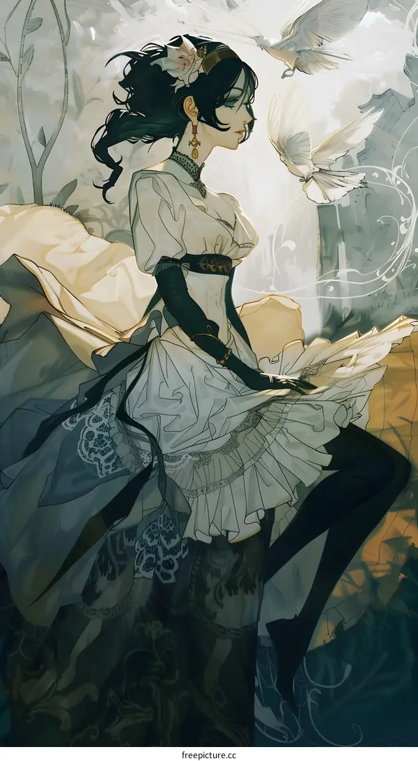 Elegant Woman in White Dress with Birds