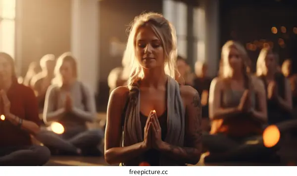 Young woman in yoga class with hands together in prayer position