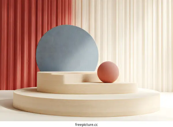Abstract Minimalist 3D Wooden Platform With Red and Beige Striped Background