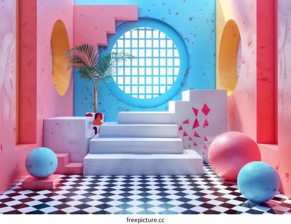 3D rendering of a colorful room with geometric shapes and a checkered floor