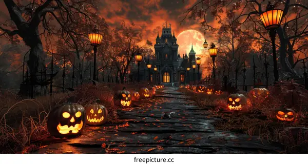 Spooky Halloween Night with a Haunted House and Jack-o'-lanterns