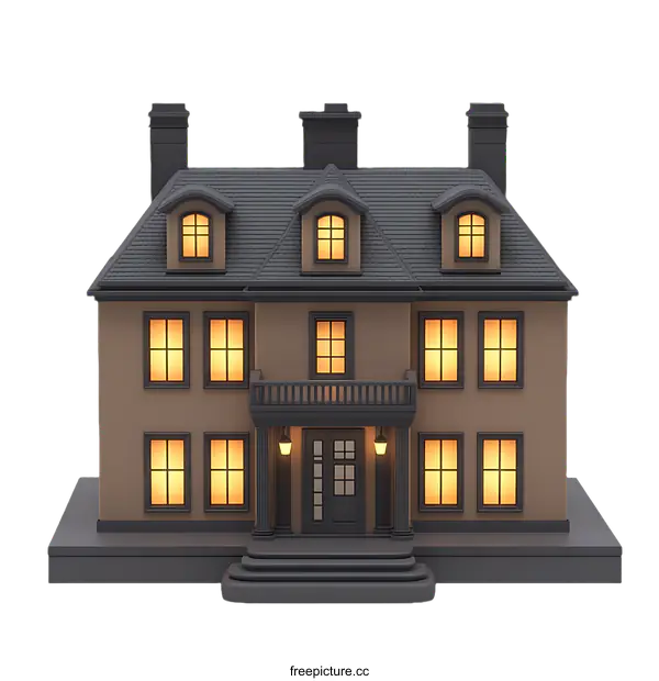 [Transparent Background PNG]Elegant Mansion Illustration with Warm Lighting