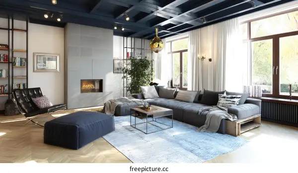 Modern Living Room with Exposed Beams and Large Windows