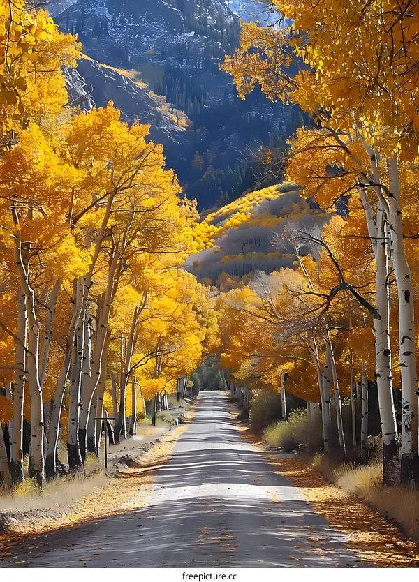 Autumn Road Through Golden Aspens