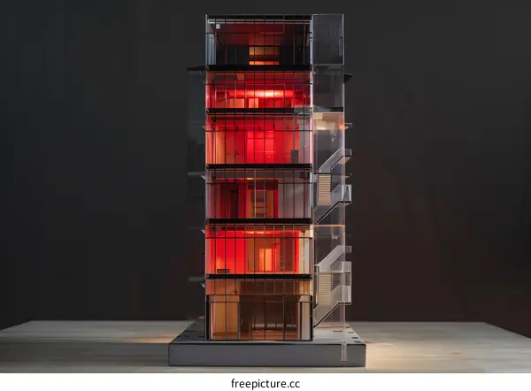 Modern Building Architectural Model with Red Lights