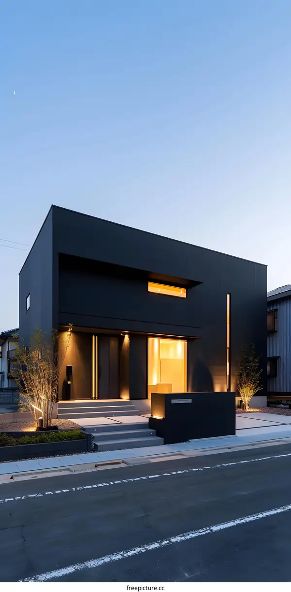 Modern Black House with Warm Lights at Dusk