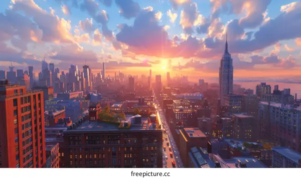 New York City Sunset Skyline Illustration