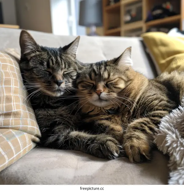 Two cute cats sleeping on a couch