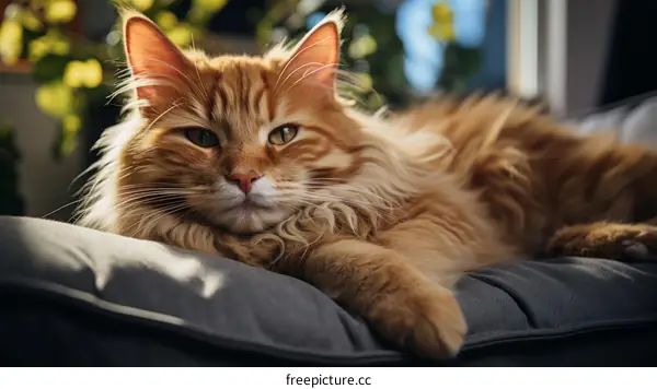 A ginger cat is lying on a gray cloth