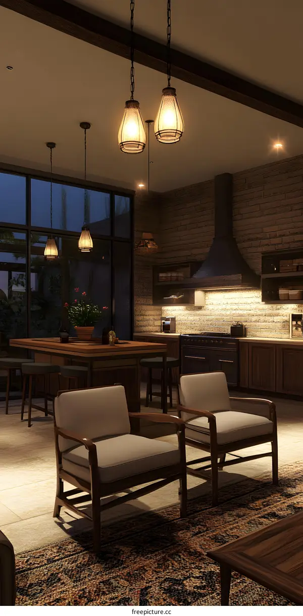 Modern Kitchen Interior Design with Rustic Elements and Pendant Lights