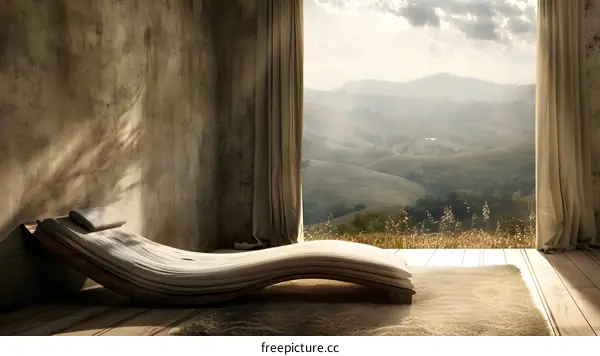 Modern Wooden Chaise Lounge with View of Green Hills