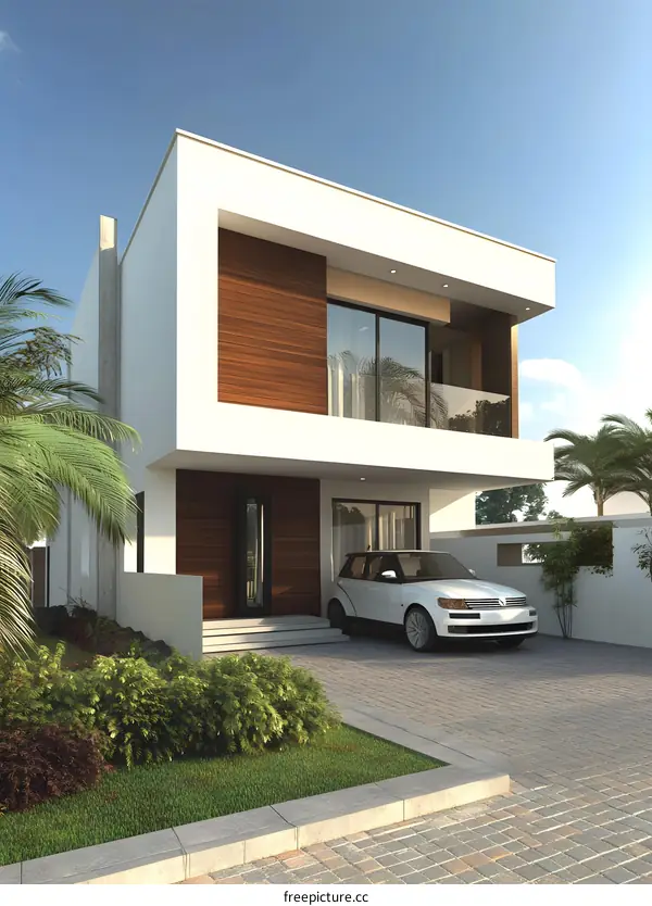 Modern House with Wooden Accent Wall and Car in Front